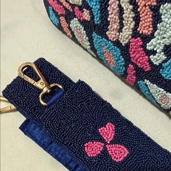 Beaded Navy Multi-Color Cutout Handle Shoulder Bag - Picture 2 of 6